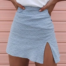 

2021 Print Floral Summer Skirt Female High Waist Sexy Mini Skirt Women Split Chiffon Flower Skirts Blue Pink Lady Streetwear New
