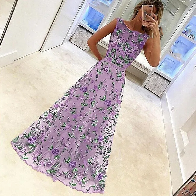 

2019 Women Long Prom Floral Formal Evening Party Dress Ladies Flower Embroidery Gown Tulle Maxi Dress