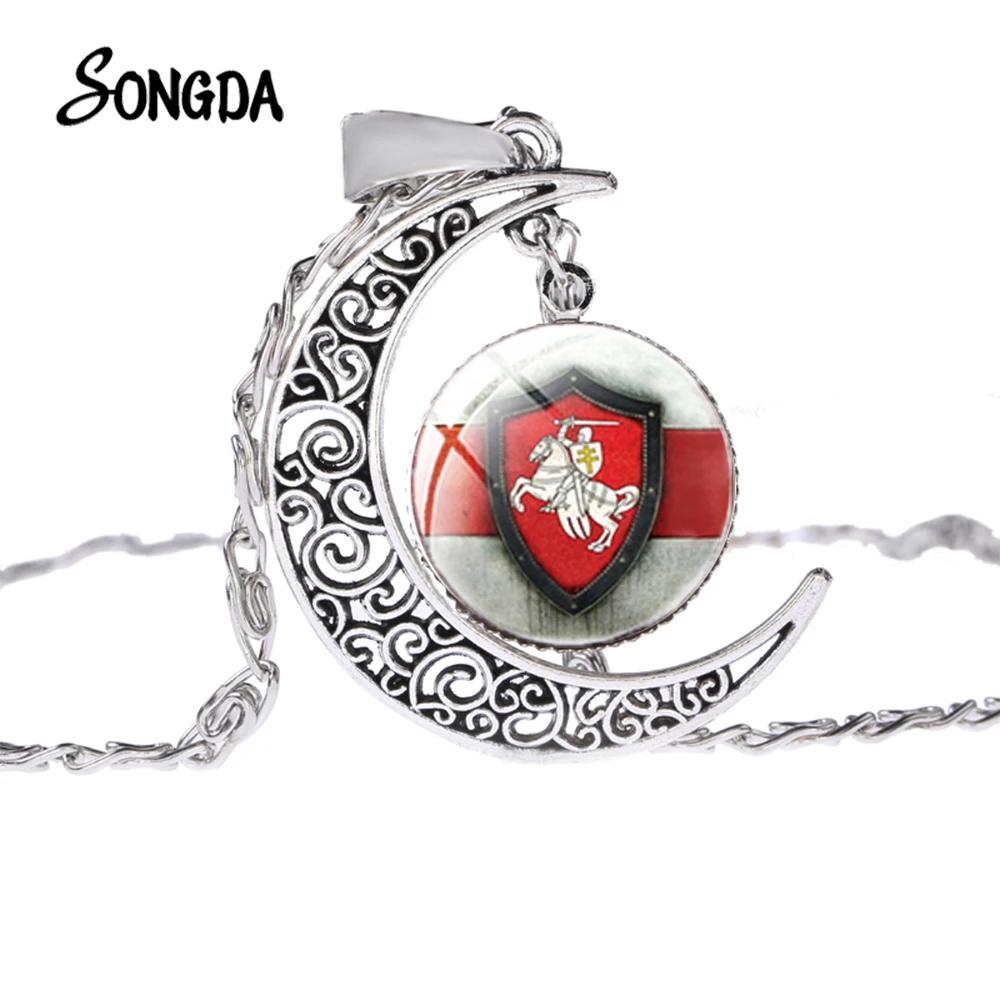 Belarus White Knight Pagonya Necklace Republic of Symbol Print Glass Cabochon Half Moon Pendant Link Chain Long | Украшения и