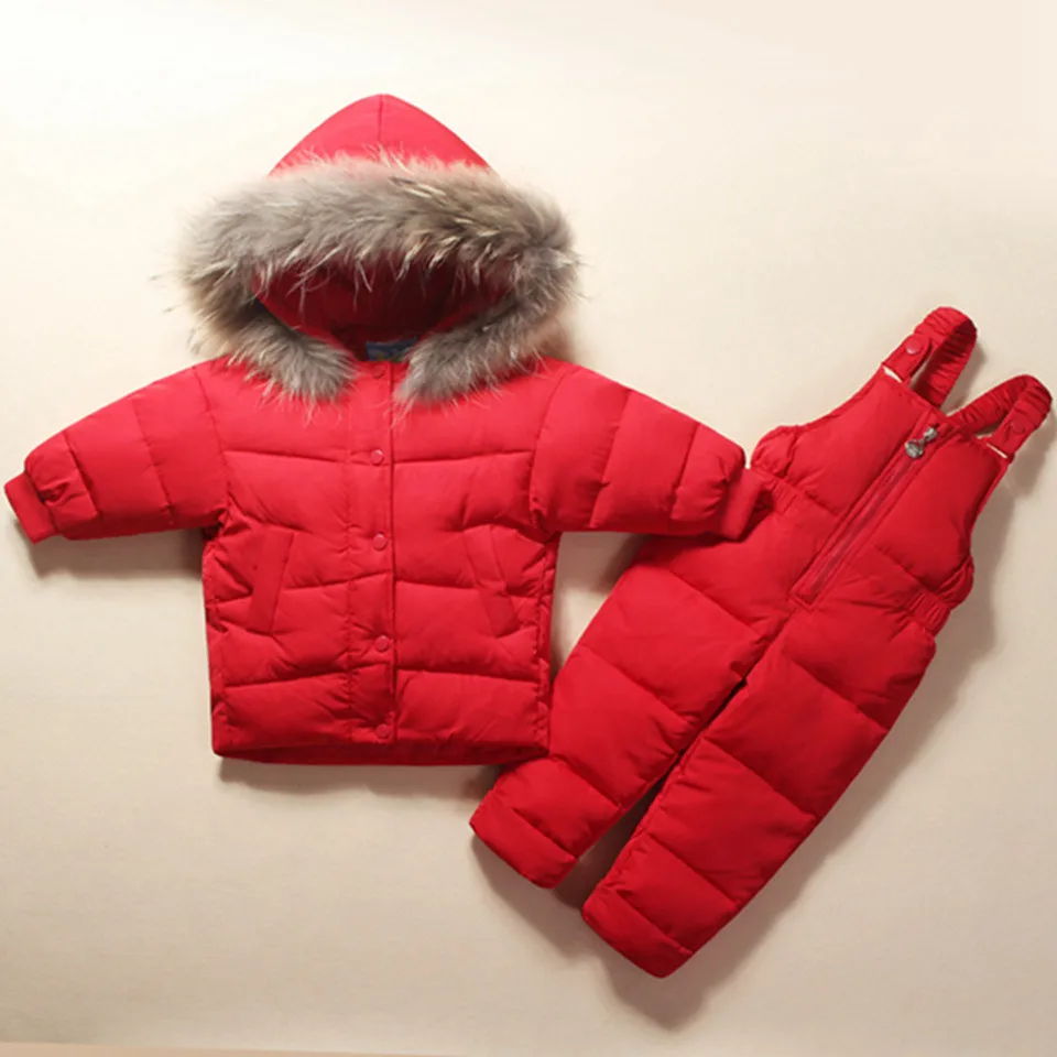 Winter Children's Clothing Set Suit Down Jacket+ Bib PantsTwo-piece Boy Girl-30 Winter Outerwear Snowsuit Ski Suit Thickened - Цвет: red 2