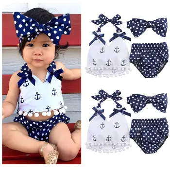 

Summer Baby Girls Anchor Tops+Polka Dot Briefs Shorts 3pcs Outfits Set Beachwear