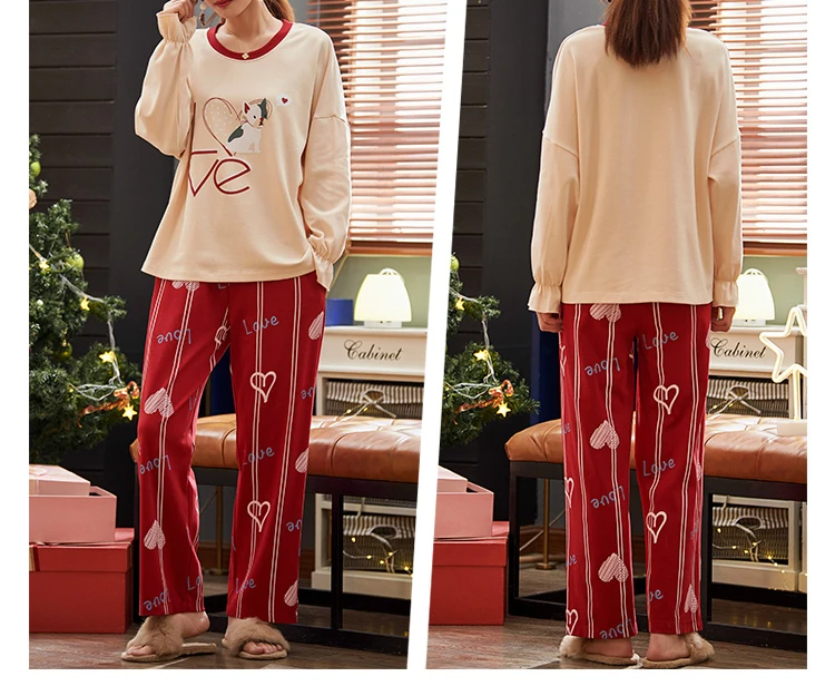 Autumn New Cotton Printing Lapel Top+ Long Pant 2 Piece Sets Pajamas Set For Women Cute Sleepwear Girls Pyjama M L XL XXL