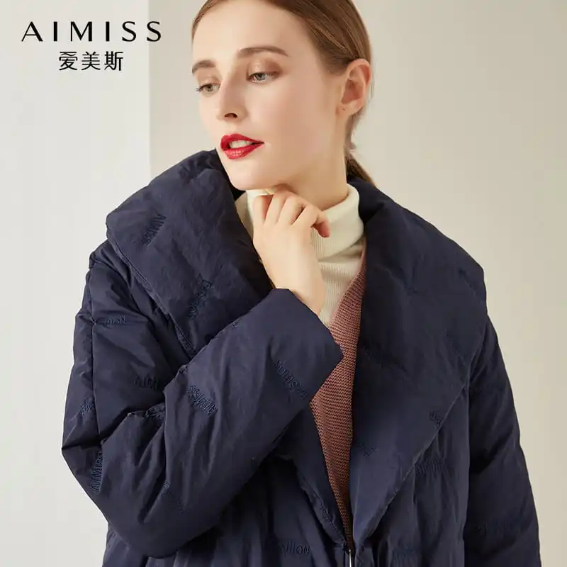 AIMISS/Новая брендовая пуховая куртка, очень толстая зимняя теплая длинная пуховая куртка с отложным воротником, верхняя одежда, комплект одежды синего цвета