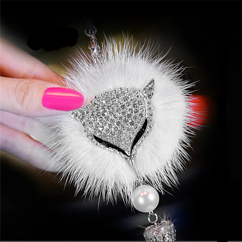Charms crystal diamond Faux Fox Fur Cute Car pendant for lady girl creative car interior pendant Auto hanging jewelry Women gift
