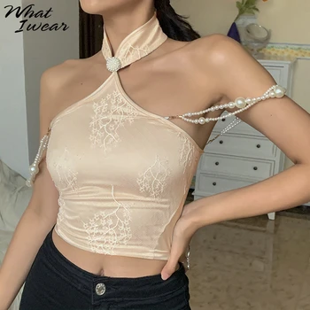 

Women Sexy Camisole Crop Top Soft Smooth Fabric Off Shoulder Pearl Straps Halter Femme 2020 Summer Party Club Basic Tank Top