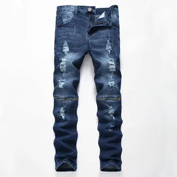 

2020 AUTUMN Spring Men's Ripped Print Street HIP HOP Punk Stretch Bike Jeans Trendy Holes Straight Denim Trouers