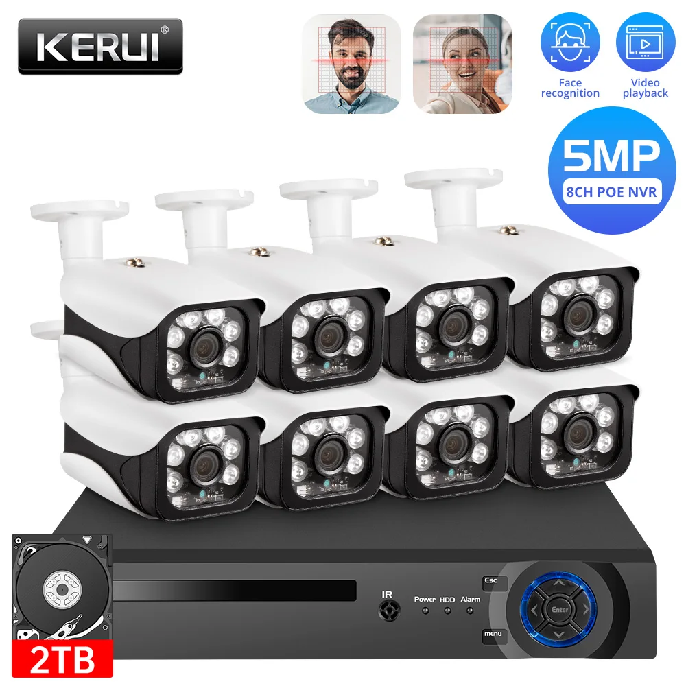 KERUI Outdoor Wireless 8CH 5MP NVR POE Home Security Camera System CCTV H.265 Video Surveillance kit Video Recorder Face Record