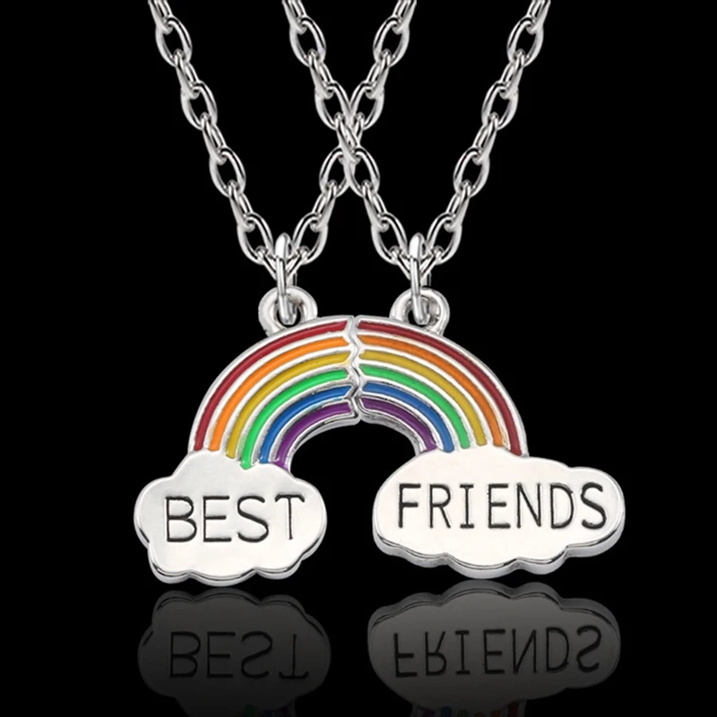 Best Friends Necklace 2 Piece Enamel Puzzle Rainbow Cloud Pendant Necklace BFF Friendship Jewelry Gift For Women Men Collares