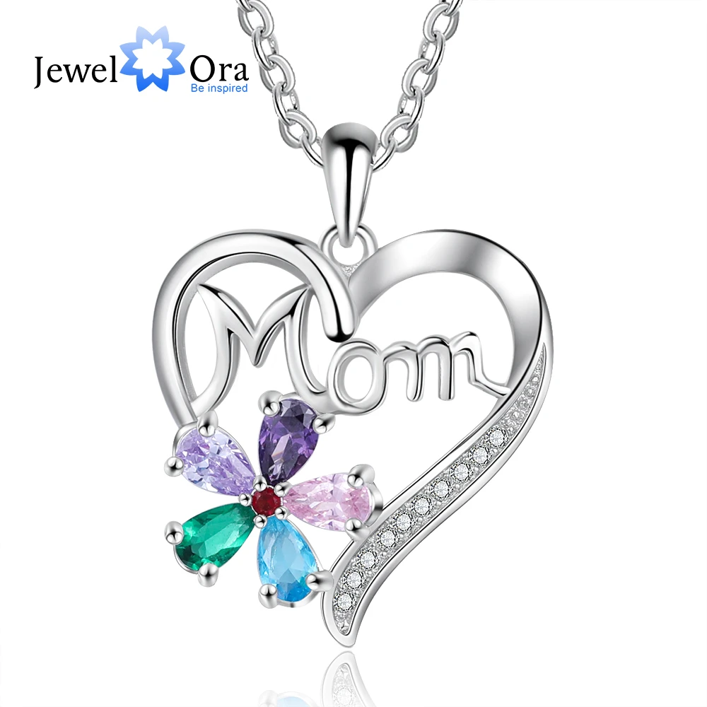 

JewelOra Personalized Mom Heart Pendent Necklace Customize 5 Birthstones Flower Necklaces for Women Mother's Day Gift