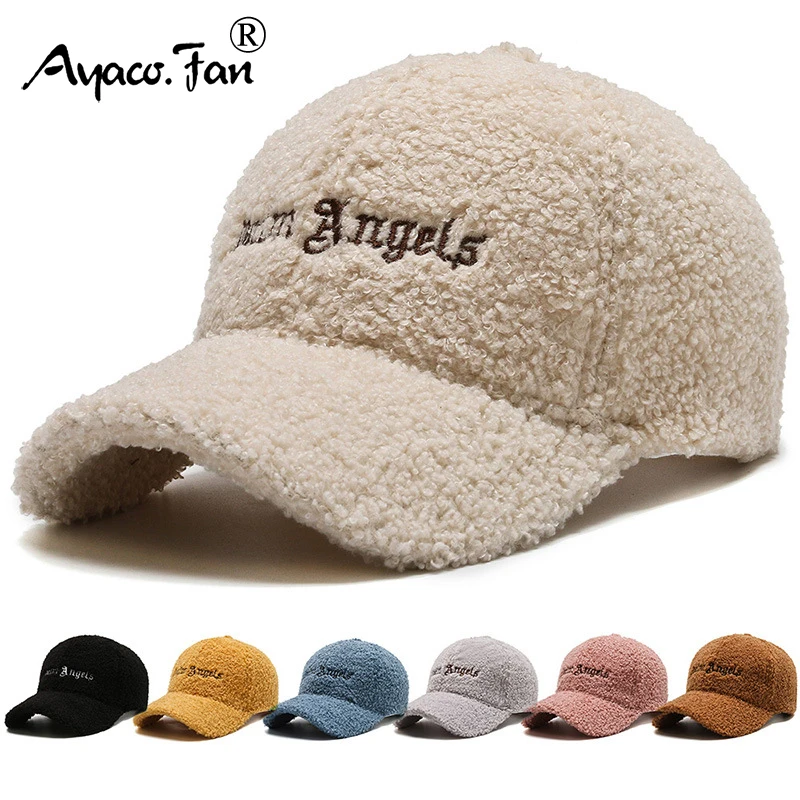 Baseball Cap Women Winter Warm Solid Sunhat Lamb Cashmere Letters