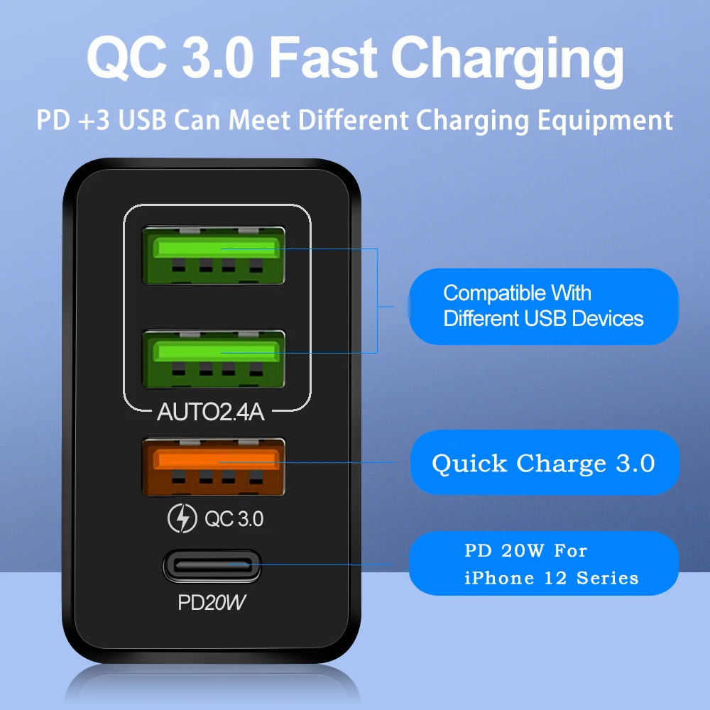 36 Вт 4 порта USB адаптер Автомобильное зарядное устройство QC 0 3 с 20 питания C PD Для