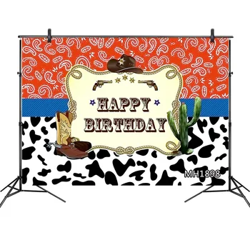 

Western Cowboy Boots Hat Boy Kids Happy Birthday Party Decoration Photography Backdrop Photo Background Photocall Photo Studio