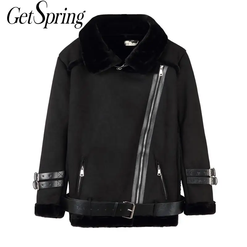 

GETSPRING Women Coat Faux Leather Jackets Womans Fur Leather Jackets Plus Size Black Thicken Winter Women Motorcycle Coats 2019
