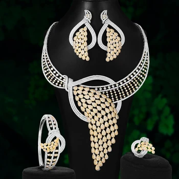 

4PCS BIG Fashion Luxury Feather Africa Jewelry Set For Women Wedding Party Cubic Zirconia Dubai Bridal Jewelry Indian 2020
