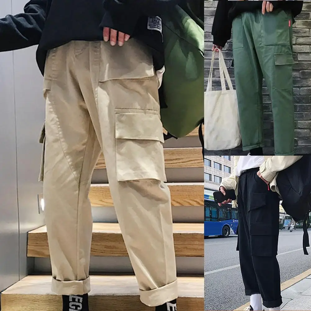 Мужские цветные черные брюки карго с карманами, винтажные длинные спортивные брюки с карманами, прямые однотонные мужские брюки карго