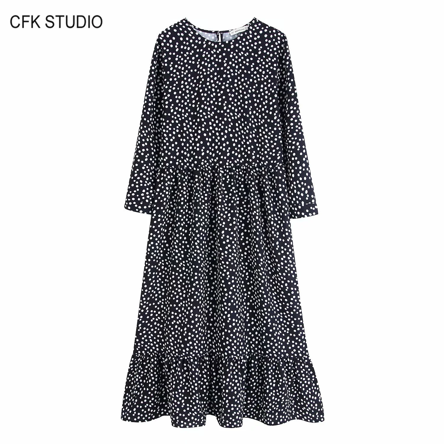 ZA женское платье mididress с круглым вырезом принтом в горошек длинным рукавом