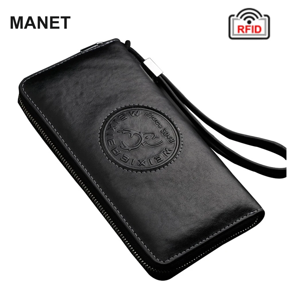 MANET RFID Genuine Leather Wallet Men's Vintage Business Purse with Multi Pockets Blocking Business Card Holder for Male
