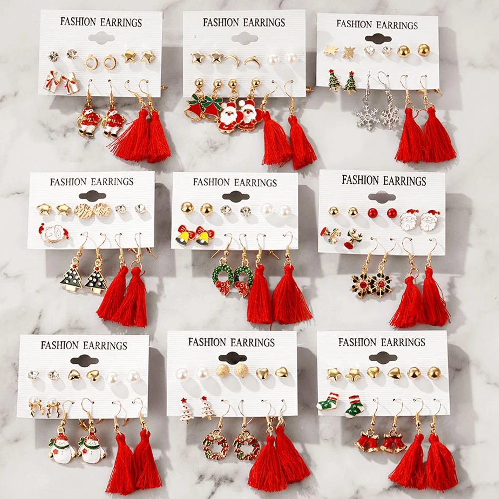 Winter Pearl Tassel Christmas Earring Set Fashion Snowflake Tree Geometric Alloy Earrings Female Child Christmas Jewelry серьги