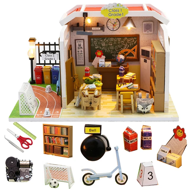 1:24 Classroom Miniature Dollhouse kit Assemble Roombox Wooden Model Building Doll House Furniture Christmas Gift Toys For Boys 1