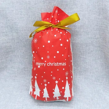 

New 50Pcs Christmas Tree Gift Bags Santa Printed Packaging Plastic Drawstring Bag-Red