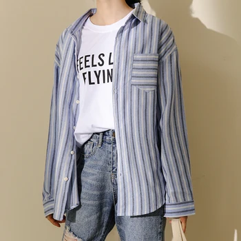 

Oversized Women Tops Retro Striped Turn Down Collar BF Blouse Ladies 2020 Spring Summer Long Sleeve Blue Casual Loose Harajuk