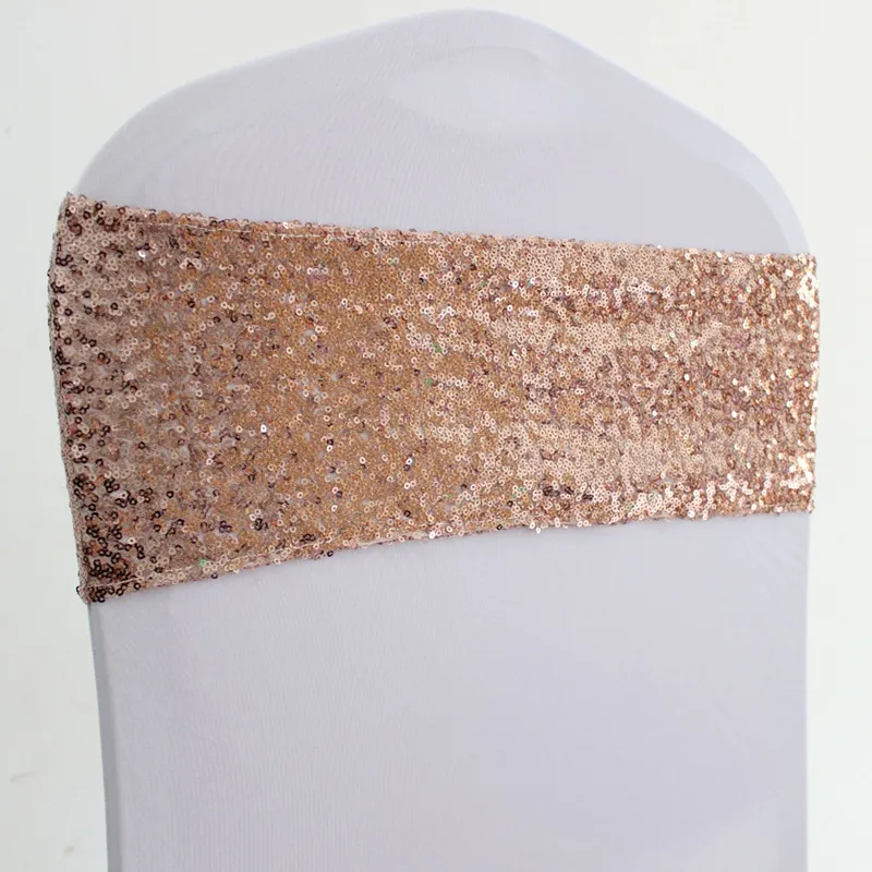 50pcs Rose Gold Silver Spandex Sequin Chair Sash Bands Elastic Lycra