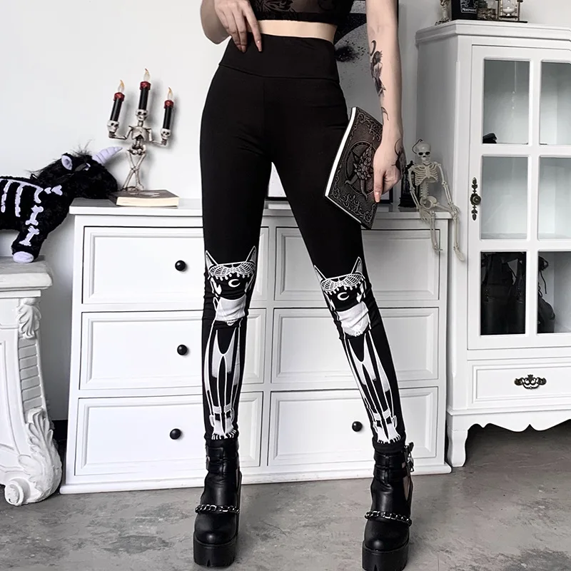 

Punk Gothic Black Pencil Pants Halloween Cat Printed Leggings Autumn New Slim Sexy Skinny Pants Hight Waist Women's Trousers