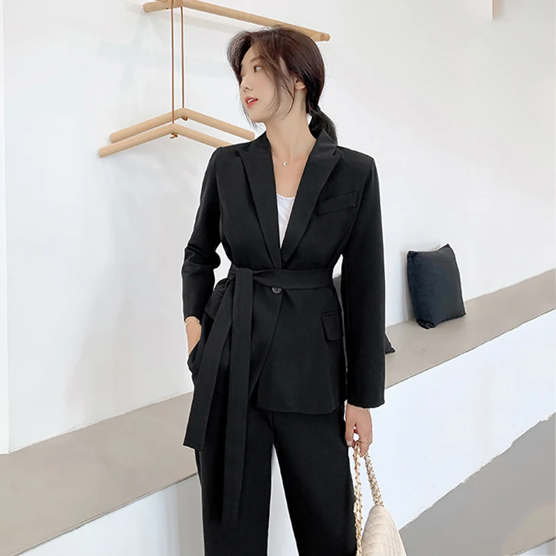 New Arrival Women Notched Long Sleeve Blazer With Belt Straight Long Pants 2 Piece Set Female Caramel Casual Pants Suit S98302F