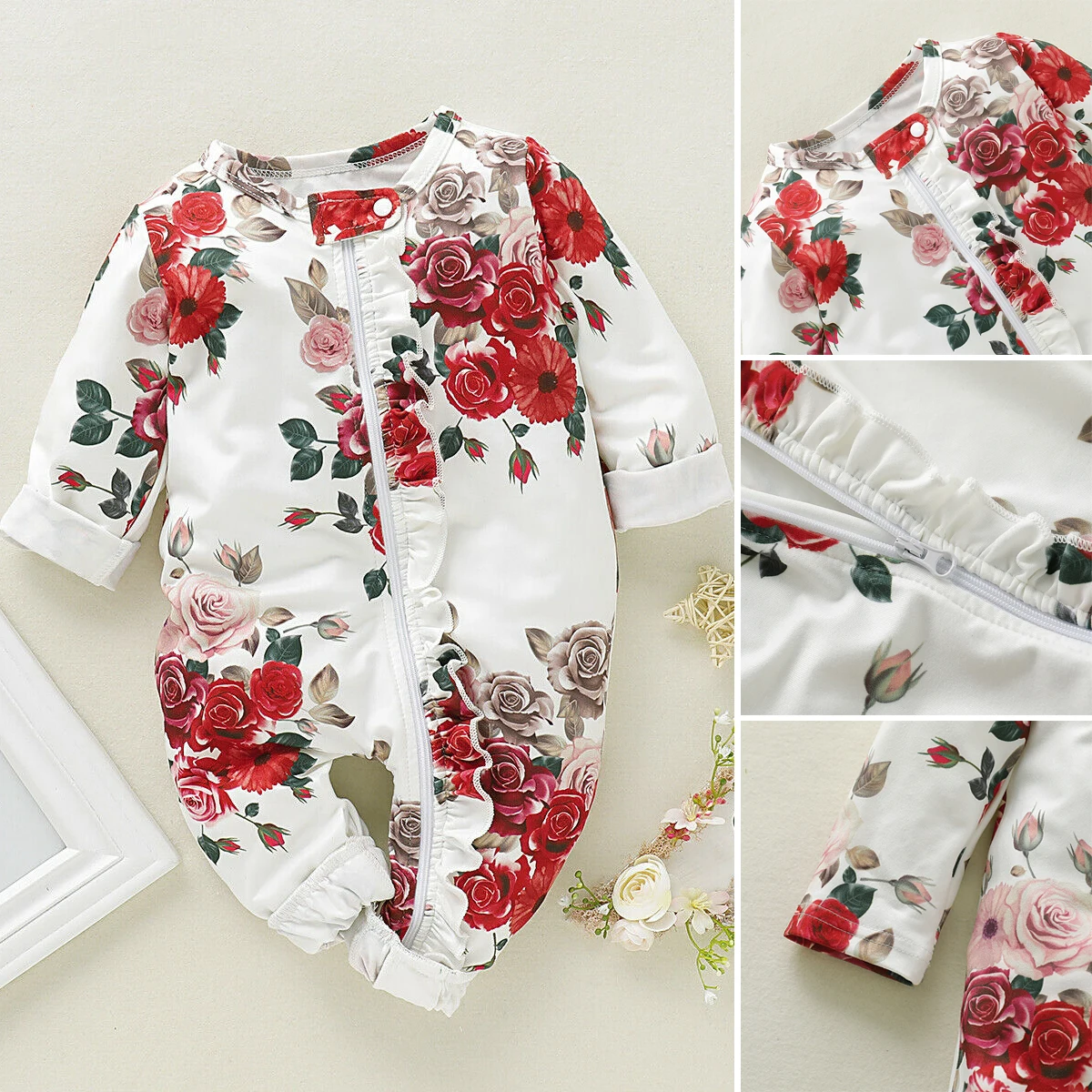 Floral Romper Autumn White Long Sleeve Toddler Infant Newborn Baby Kid Girl Round Neck Cotton Jumpsuit Clothing Outfits