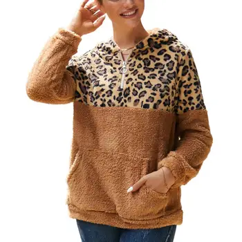 

Fleece Sweatshirt Faux Fur Women Hooded Zipper Pocket Patchwork Color Block Leopard Printed Shaggy Warm Winter Female Outwear