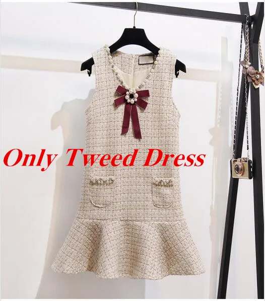 Only Tweed Dress Осень Зима без рукавов твидовое платье+ свитер женский комплект 2 шт. карман лента из бисера парфюм на подвеске шерстяной жилет русалки платье - Цвет: Only Tweed Dress