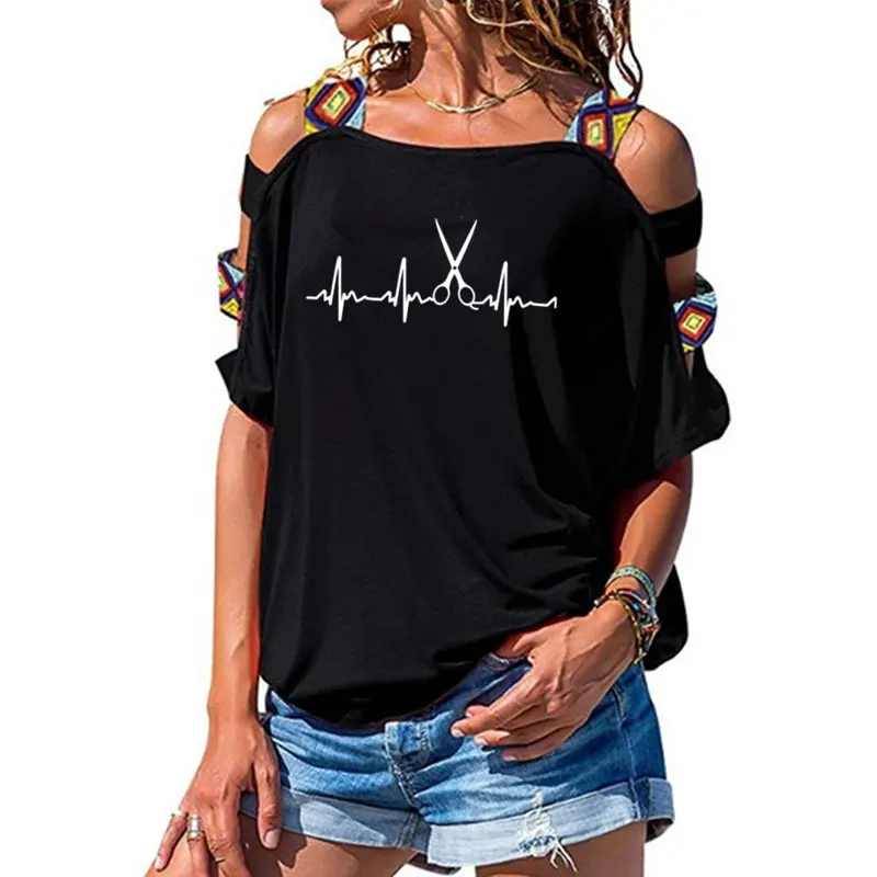 Новая летняя Парикмахерская футболка с сердцебиением, Женская хлопковая футболка с коротким рукавом для девочек, футболка парикмахера, сексуальная открытая футболка с открытыми плечами - Цвет: 1
