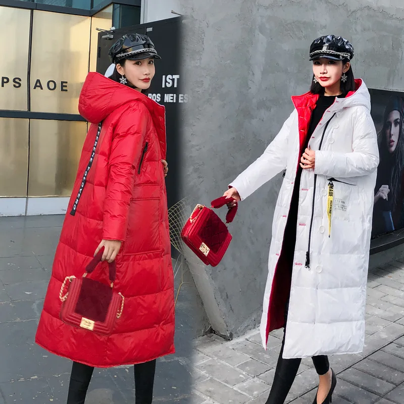 Модная новинка Двусторонняя одежда длинный пуховик до колена Женское зимнее длинное яркое корейское супер плотное пальто