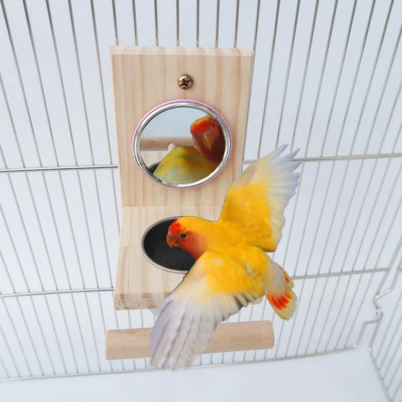 Качественное деревянное зеркало для кормления птиц, миска для еды из нержавеющей стали, комбинированная подставка для попугая, игрушечная чашка для птиц, птичья клетка St