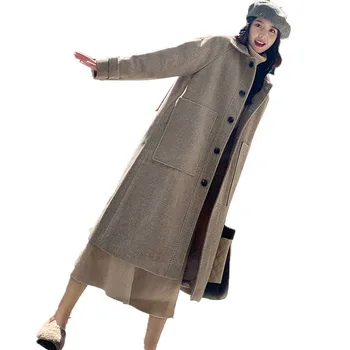 

S-XL Autumn Winter Woolen coats Women Lantern Sleeve Wool&blends Long Woolen Coat Casual Loose Wool Jacket Female Outwear