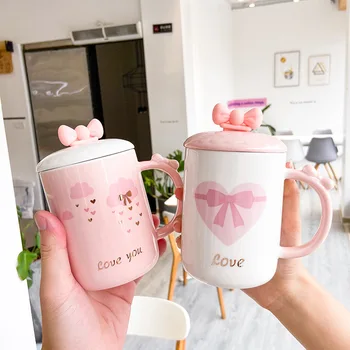 

Cute Bow Ceramic Cup with Lid Spoon Pink GIRL'S's Heart Mark Cup Wedding Gift Coffee Glass