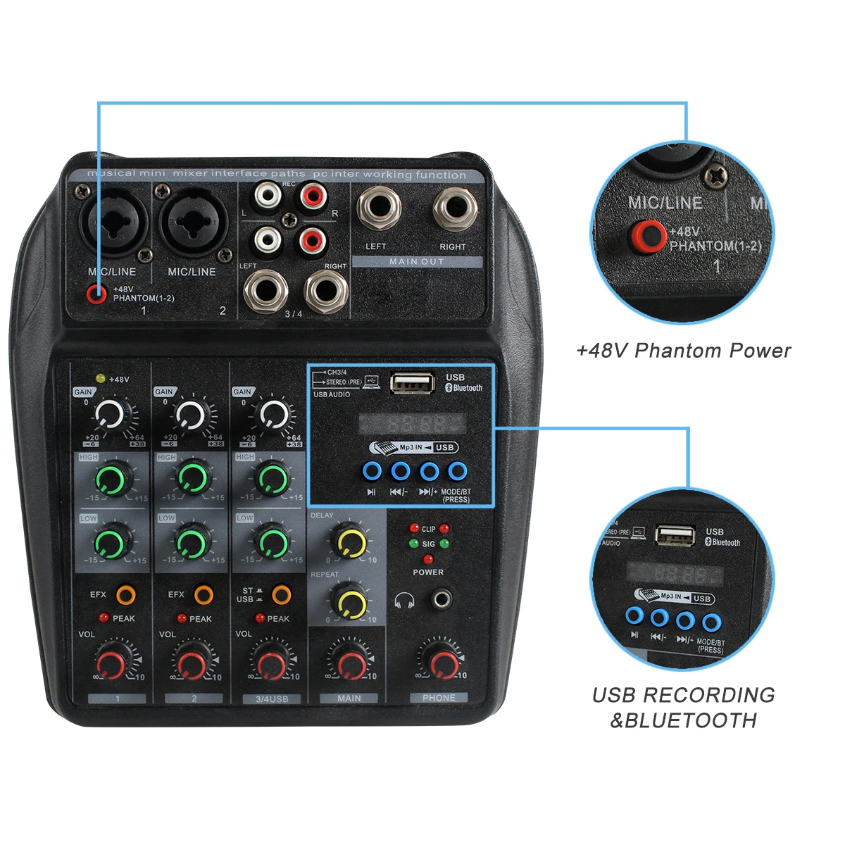 4 Channel Mixing Console USB Bluetooth Sound Table Audio Mixer Record Computer Delay Repaeat Effect Adapter 48V Phantom Power headphones with mic