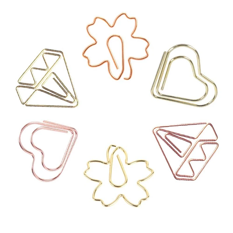 30PCS Paper Clips, Cute Metal Paper Clips, Gold Paperclips Heart Cherry Diamond Shaped Document Clips for Office Supplies, Schoo