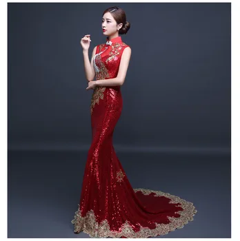 

Add Rhinestone Female Qipao Phoenix Bling Sequins Exquisite Chinese Prom Dress For Women Sleeveless Trailing Sexy Robe De Soiree