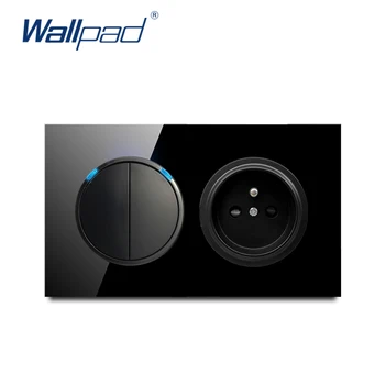 

Wallpad 2 Gang 2 Way With EU French Socket Push Button Wall Light Switch With LED Indicator Crystal Glass Panel 146*86mm