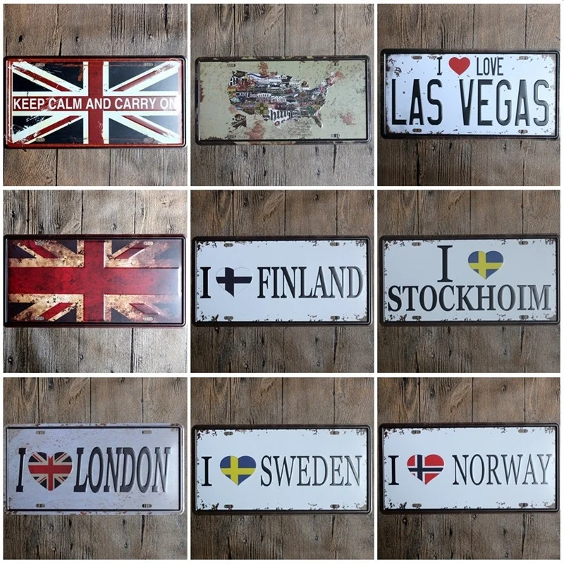 15*30cm 9 Style License Plate Metal Painting Wall Art Decor Tin Sign Iron Painting Wall Decoration for Home Decoration Bar Club