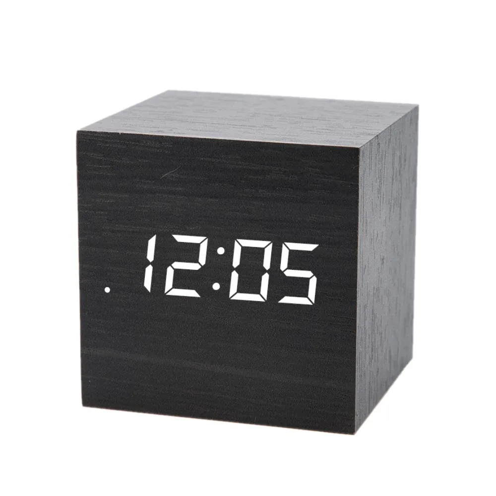  HOT Mini Digital Wooden LED Alarm Clock Wood Retro Glow Clock Desktop Table Decor Voice Control Sno
