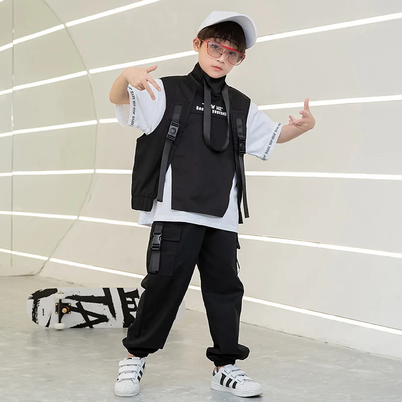 Black Kid Hip Hop Clothing T Shirt Top Tactical Cargo Pants Sleeveless Jacket Vest Girls Boys Jazz Dance Costume Clothes Wear girl dance costume children costumes
