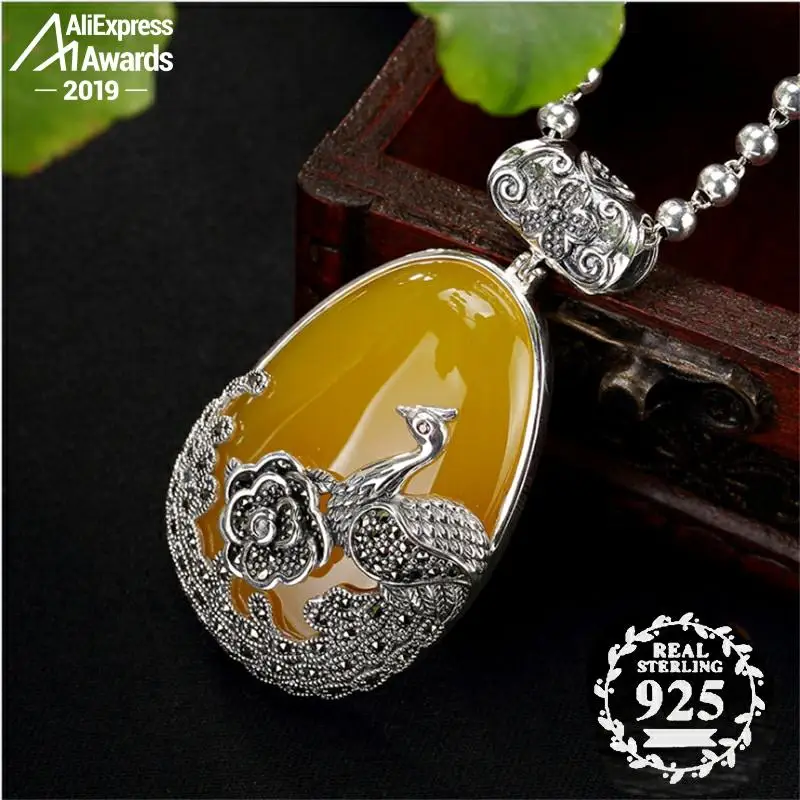 S925 Стерлинговое Серебро Израиль Янтарный искусственный Феникс Павлин