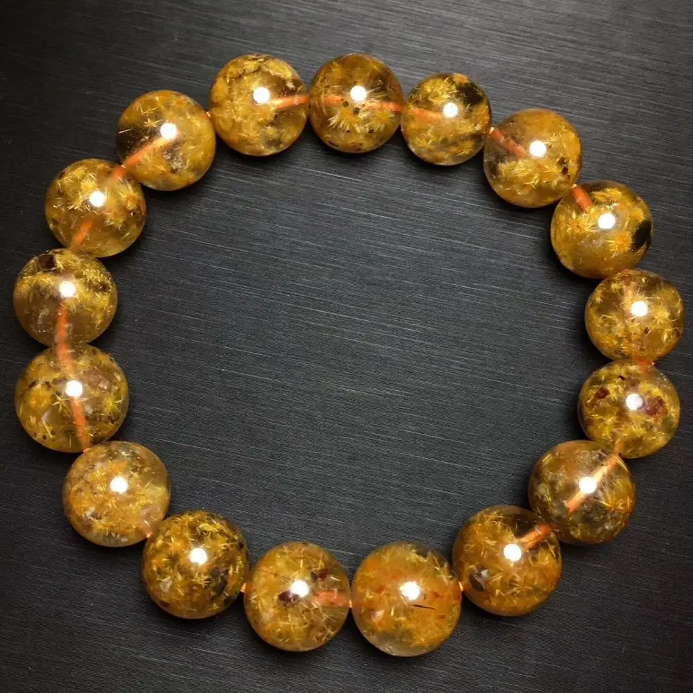 

12mm Top Natural Brazil Gold Rutilated Bracelet For Woman Man Sun Flower Crystal Round Beads Stretch Jewelry AAAAAA Certificate