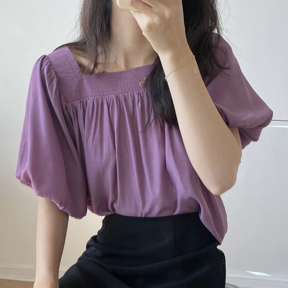 Women 2020 Summer Retro Casual Slim Thin Girl Square Collar Tops Female Solid Lantern Sleeve French Loose Blouse