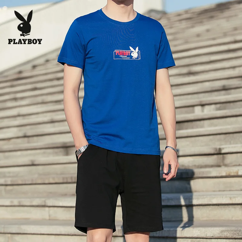 Brand 2020 Playboy Teen Men's Slim Breathable Fashion Trendy T-Shirt + Five-Pants Sports Pants Set Clothes