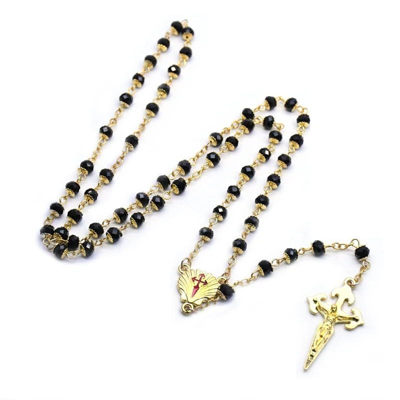 QIGO Santiago Cross Rosary Necklace Gold Black Crystal Catholic Religious Jewelry | Украшения и аксессуары