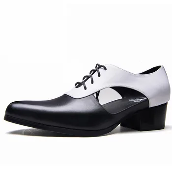 

Toe Summer Men Pointed Lace Up Genuine Leather Block Med Heels Office Work Shoes Design Casual Hollow Out Sandals White