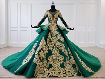 

BGW 2020 Green Evening Dress Long Muslim Women Long Sleeve O-neck Gold Lace Appliques Satin Dress Evening Gown Платья Вечерние